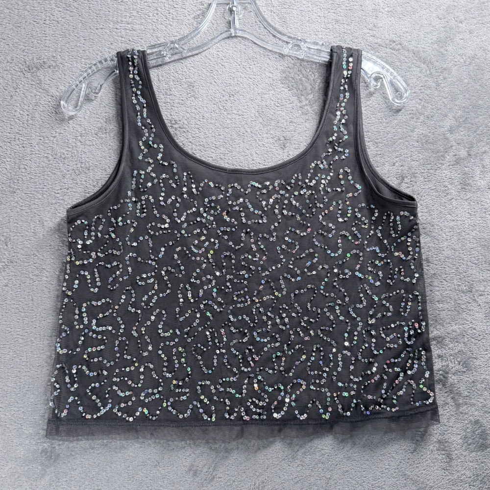 Forever 21 Sequin Crop Tank Top Small Gray Y2K Mesh Overlay Iridescent Shimmer - Picture 2 of 9